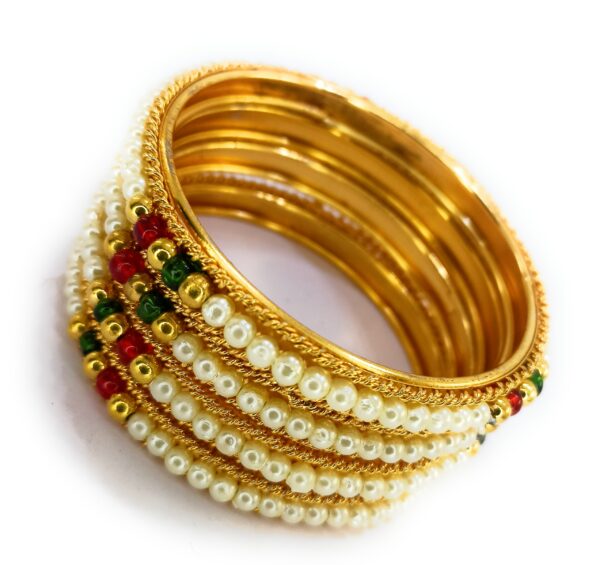 Shakya, Alloy Metal Golden Color with Pearl Beads Work Kada Bangles set of 02 for Women and Girls - Image 2