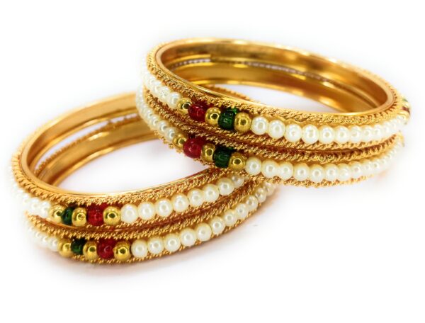 Shakya, Alloy Metal Golden Color with Pearl Beads Work Kada Bangles set of 02 for Women and Girls - Image 4