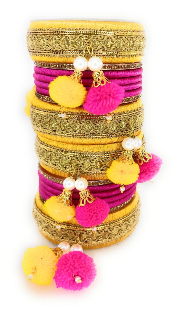 Shakya, Haldi Ceremony, Pom Pom Latkan Work, Silk Thread Bangles set for Women and Girls - Image 3