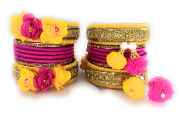 Shakya, Haldi Ceremony, Pom Pom Latkan Work, Silk Thread Bangles set for Women and Girls - Image 2