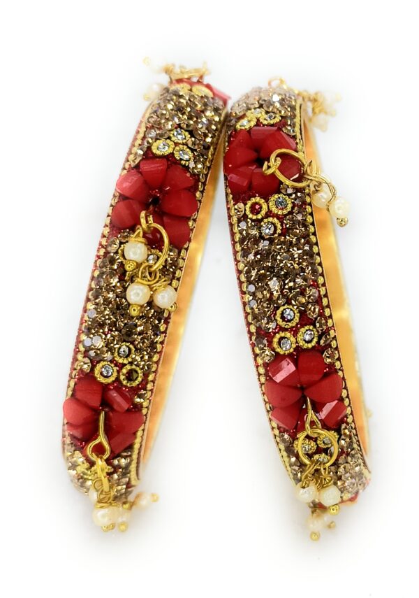 Shakya , Red Color and Golden Zircon Studded Metal Kada Bangles set of 02 for Women and Girls