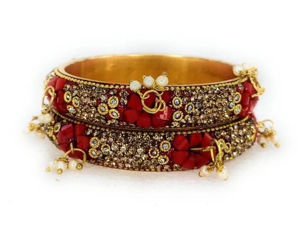 Shakya , Red Color and Golden Zircon Studded Metal Kada Bangles set of 02 for Women and Girls - Image 2