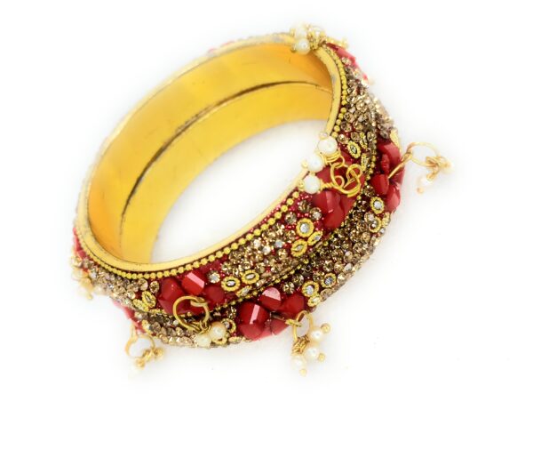 Shakya , Red Color and Golden Zircon Studded Metal Kada Bangles set of 02 for Women and Girls - Image 3