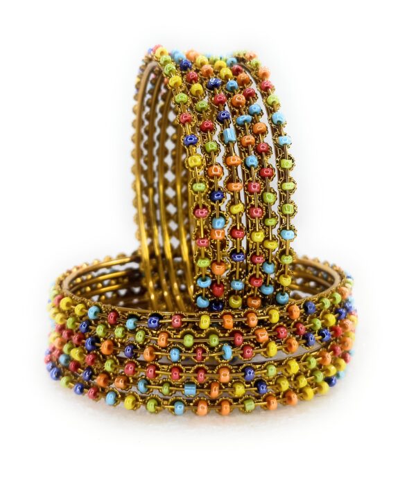 Shakya, Multicoloured Glass Beaded, Metal Bangles, Set of 12 Bangles for Girls. - Image 3