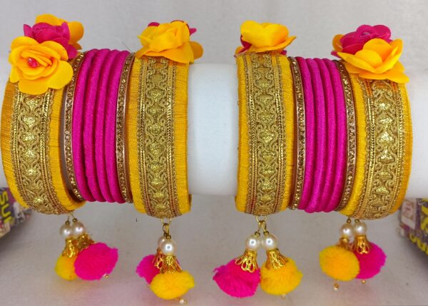 Shakya, Haldi Ceremony, Pom Pom Latkan Work, Silk Thread Bangles set for Women and Girls - Image 5